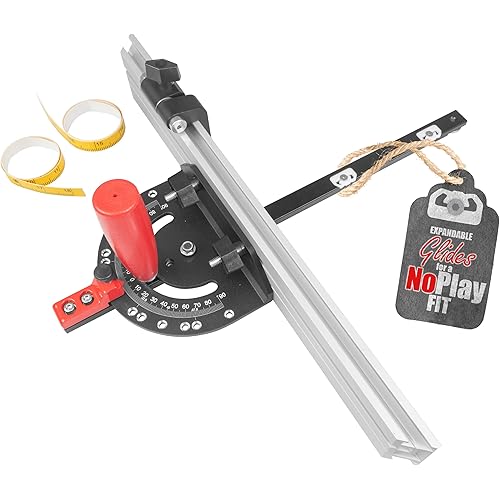 Fulton Miter Gauge 2000 SE HDF NoPlay Expandable Glides Steel Miter Bar for 3/4 x 3/8 Inches, Miter Slot UHMW Slick Base Pad, Protractor Style Head 13 Positive Stops, Aluminum Dual 45 Degree