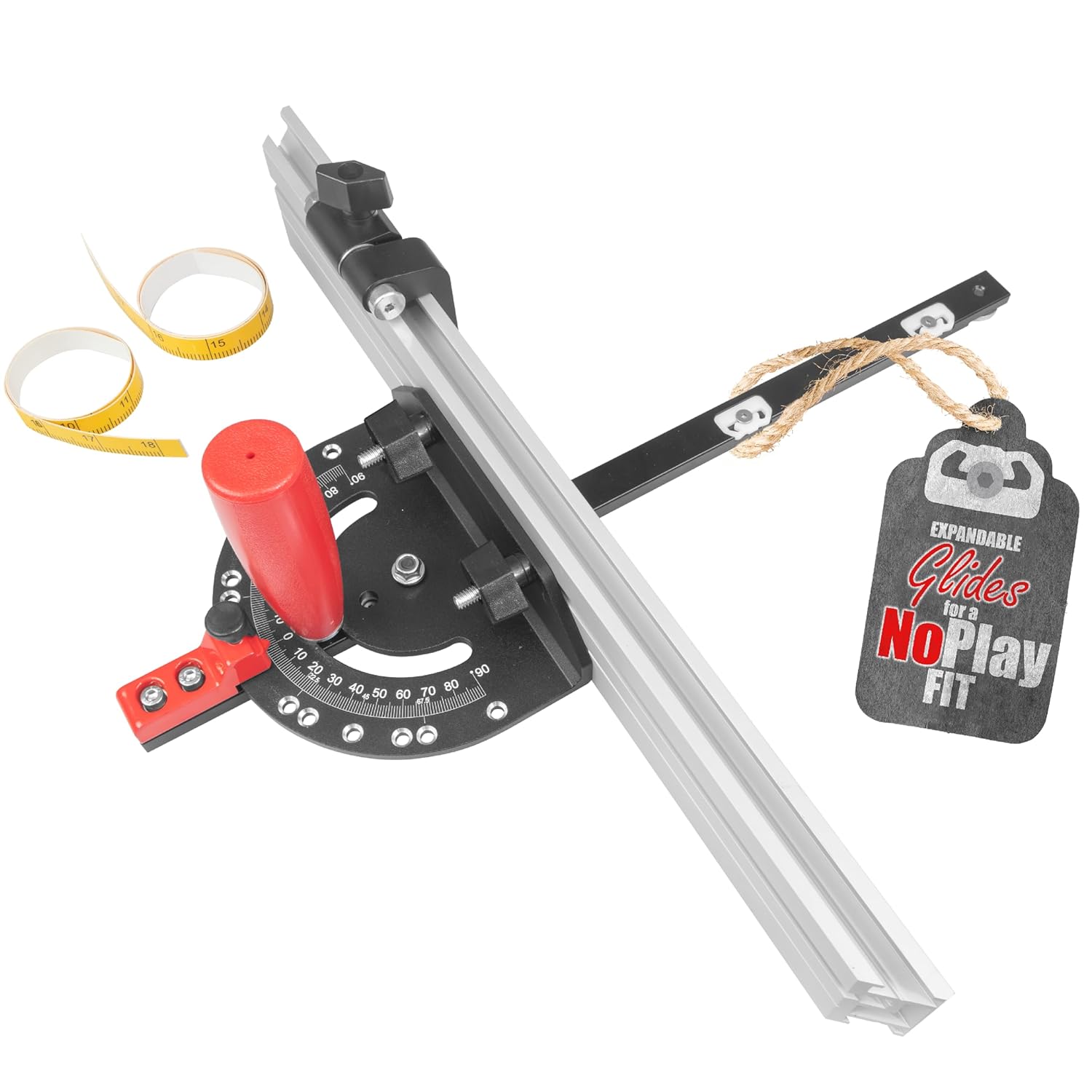 Fulton Miter Gauge 2000 SE HDF NoPlay Expandable Glides Steel Miter Bar for 3/4 x 3/8 Inches, Miter Slot UHMW Slick Base Pad, Protractor Style Head 13 Positive Stops, Aluminum Dual 45 Degree