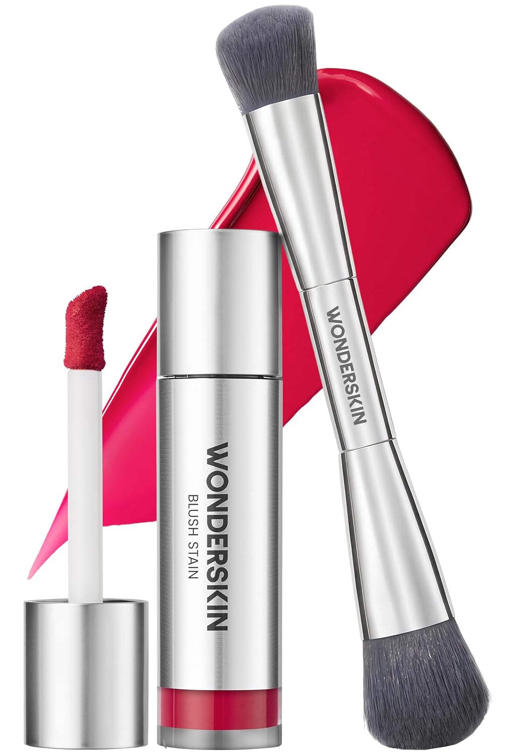 Wonderskin Beauty Essentials Set, Liquid Blush Stain in Flutter and Dual-Ended Blush & Contour Brush