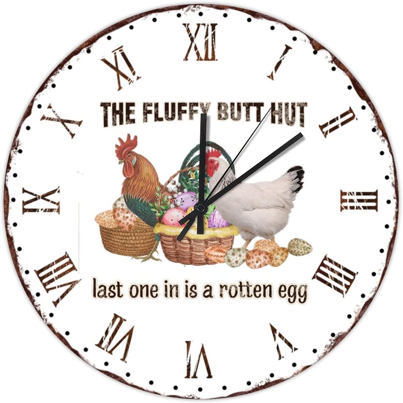 Funny Farmhouse Round Wooden Clock 12 Inch,Retro Rooster Eggs Silent Non-Ticking Battery Operated Wooden Wall Clock for School Classroom Nursery Cafe Bar Pub Home Decor