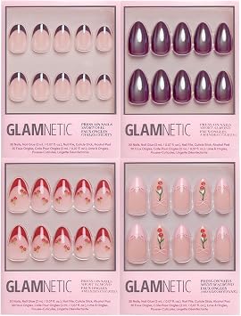 Glamnetic Press-On Nails Bundle - Cherry On Top | 4 Short & Medium Almond Fake Nails with Cherry Details, Glossy & Glazed Finishes | Playful 3D Fruit Designs | Durable, Salon-Quality Nail Kits