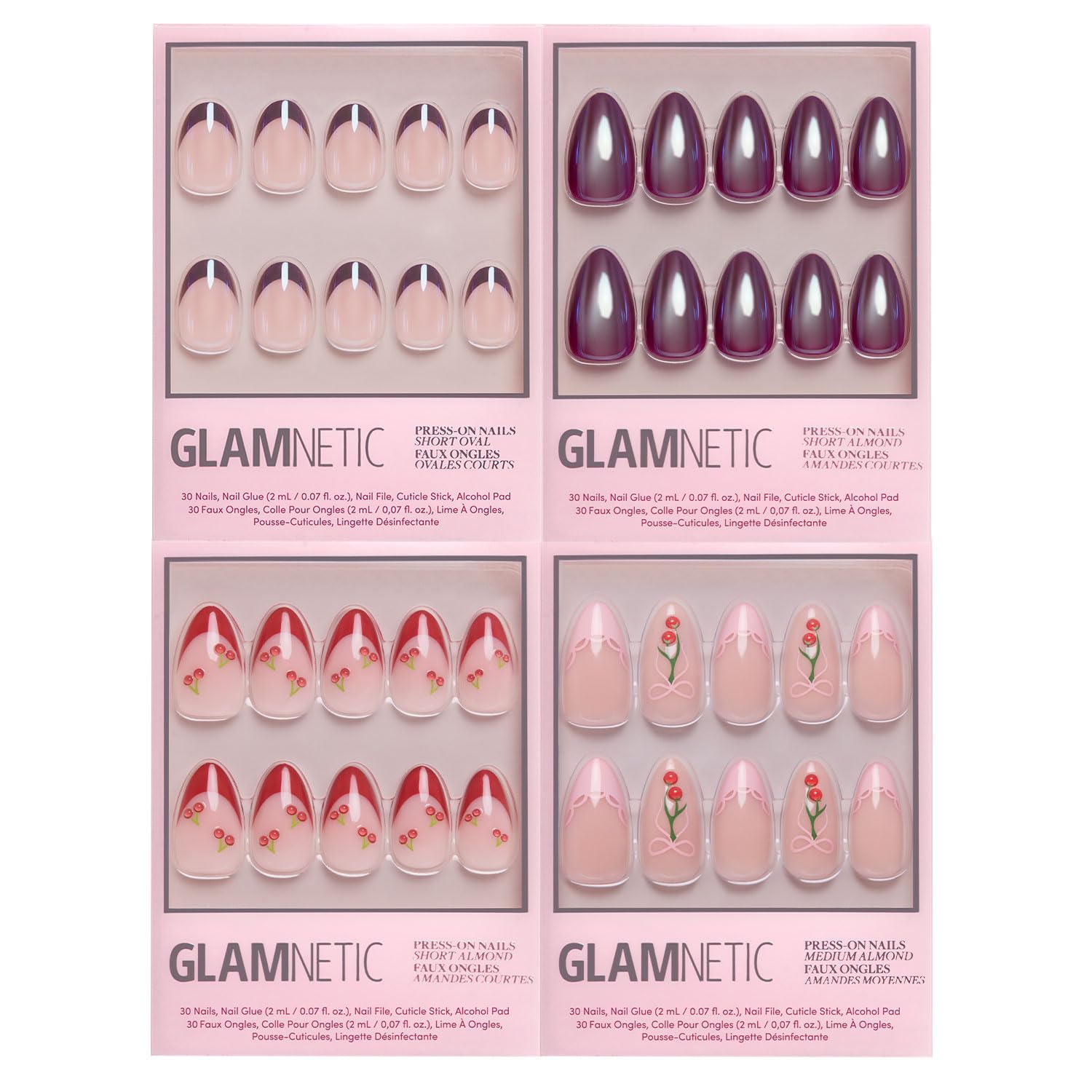 Glamnetic Press-On Nails Bundle - Cherry On Top | 4 Short & Medium Almond Fake Nails with Cherry Details, Glossy & Glazed Finishes | Playful 3D Fruit Designs | Durable, Salon-Quality Nail Kits