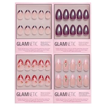 Glamnetic Press-On Nails Bundle - Cherry On Top | 4 Short & Medium Almond Fake Nails with Cherry Details, Glossy & Glazed Finishes | Playful 3D Fruit Designs | Durable, Salon-Quality Nail Kits