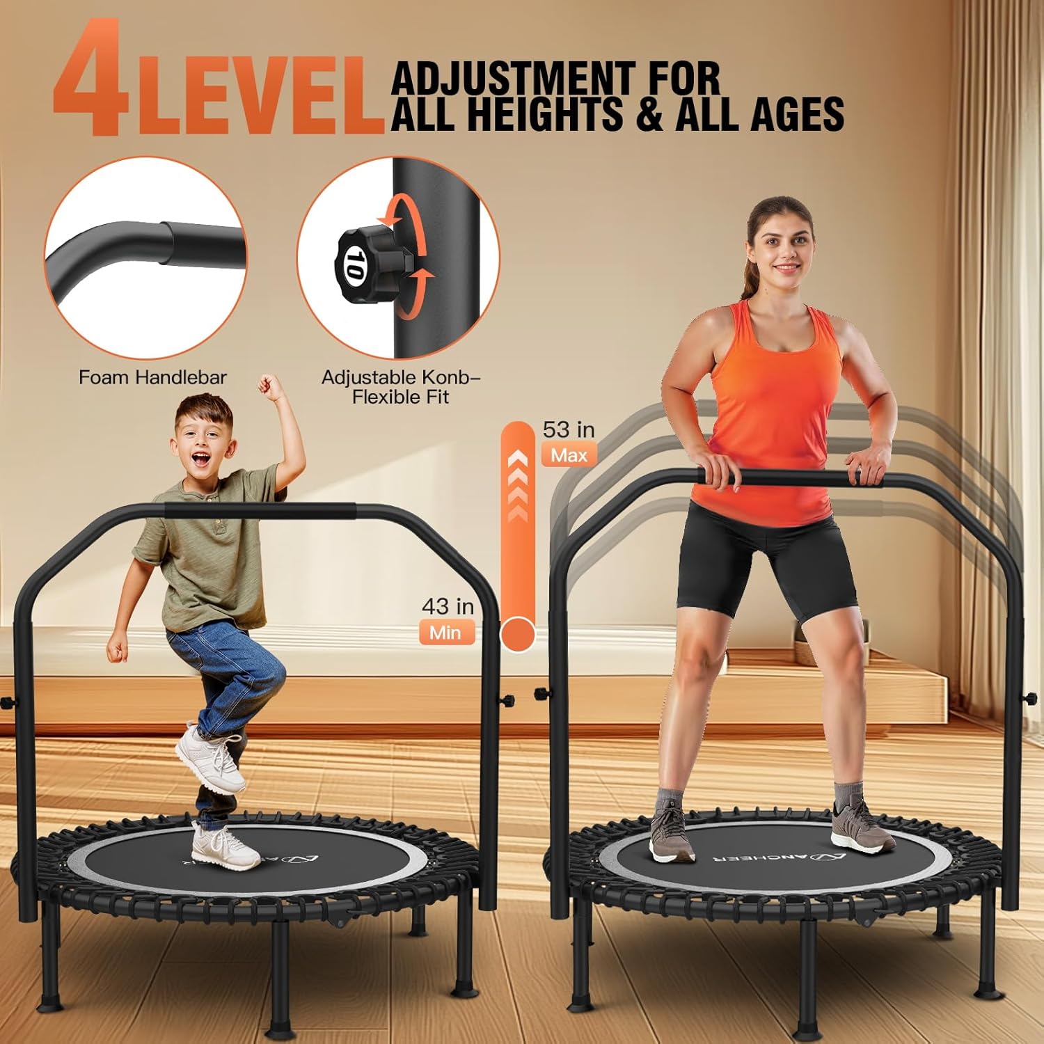 Bungee Rebounder Trampoline, ANCHEER 40" Foldable Fitness Trampoline with Resistance Ropes&Upgraded Bungees, 4 Level Adjustable Handlebar, 450LBS Capacity, Safe for Home/Cardio,Indoor/Outdoor