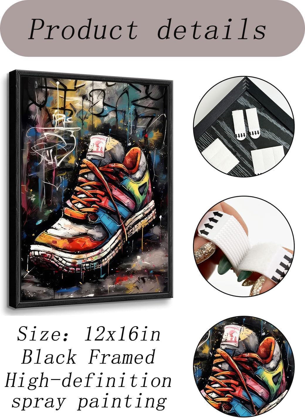 Black Framed Graffiti Wall Art Sneakers Prints Teen Boys Room Wall Decor Colorful Sneakers Inspirational Posters Sport Themed Wall Art for Athletic Trendy Spaces