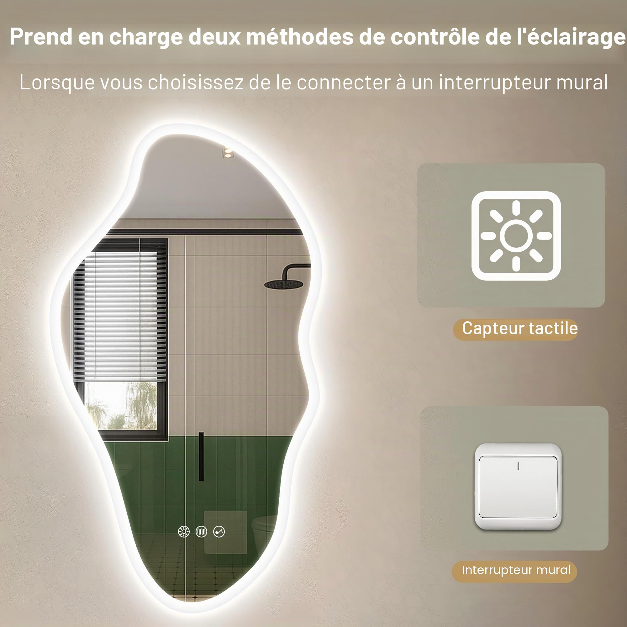 STARLEAD Asymétrique Miroir-Salle-de-Bain-avec-Eclairage 90x50cm, Irrégulier Miroir-LED avec Bluetooth, 3 Couleurs de Lumière Réglables, Anti-buée, Mémoire, IP44, Verre Trempé, Horizontal/Vertical