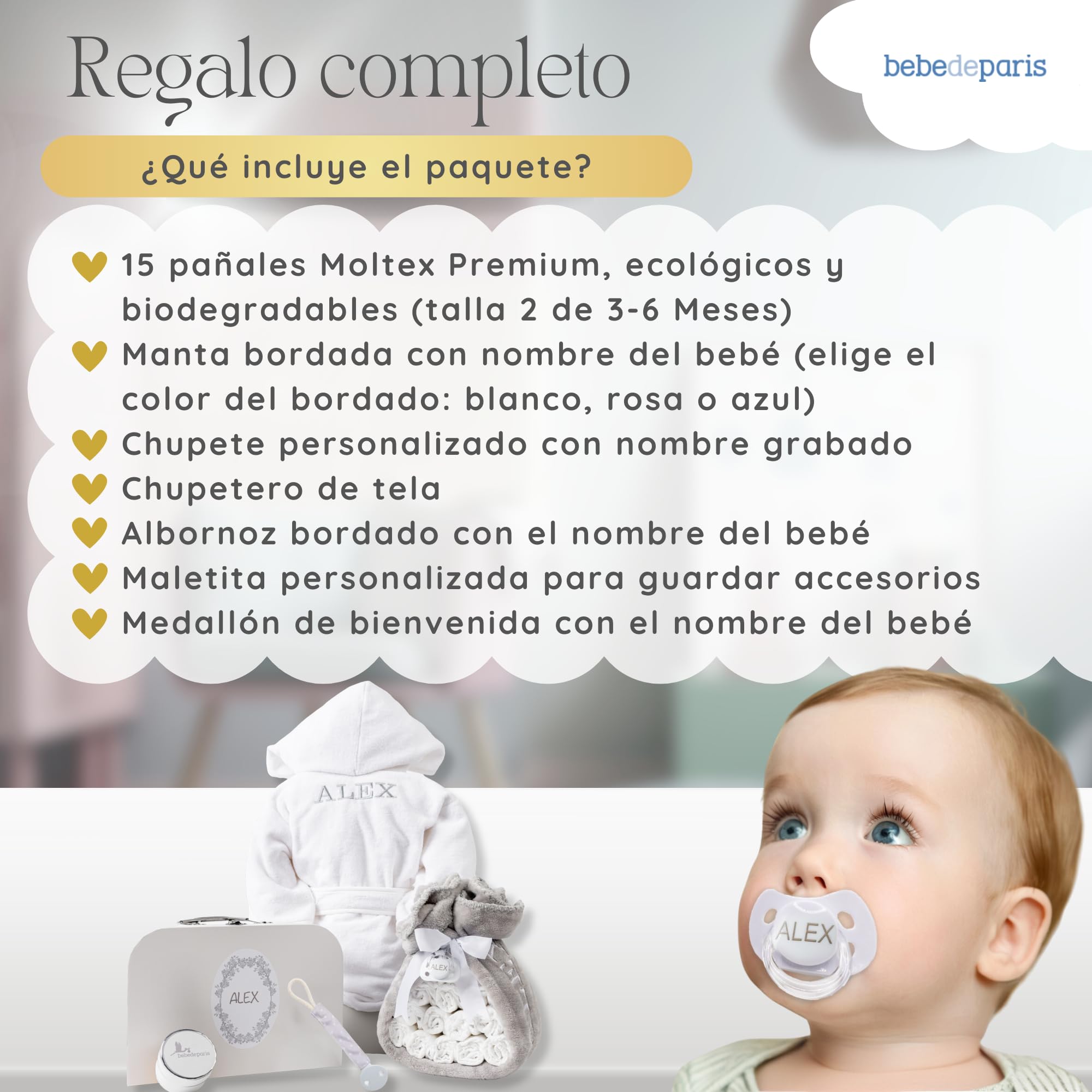 Tarta de Pañales para Recién Nacida con Manta Bordada + 15 Pañales Talla 2 + Chupete Personalizado Neutro | BebeDeParis
