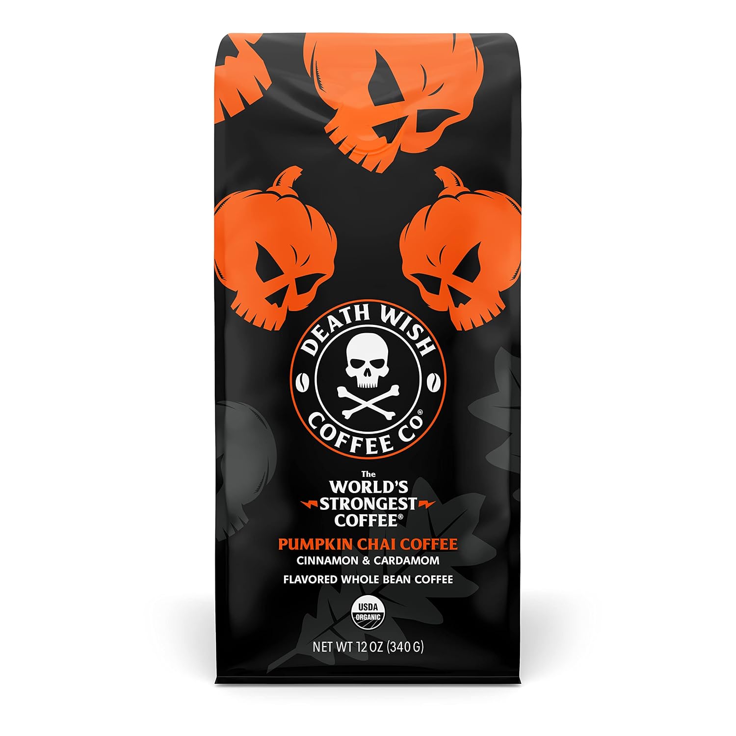 DEATH WISH COFFEE Organic Pumpkin Spice Dark Roast Coffee Whole Bean [12 oz.] Fair Trade, Arabica, Robusta, Chai, Cardamom, Cinnamon, and Ginger Infused Spices