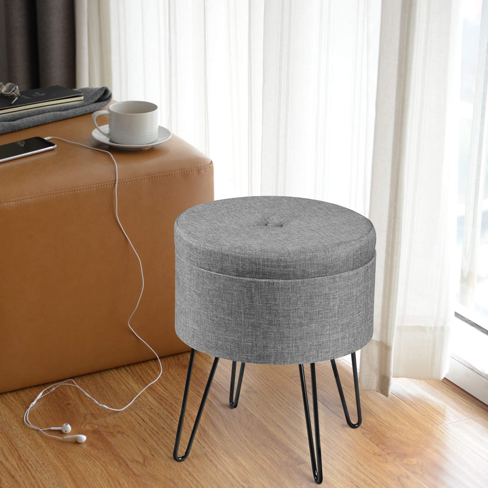 WOLTU Storage Ottoman Chair Stool Light Grey Upholstered Footstool Linen Round Dressing Table
