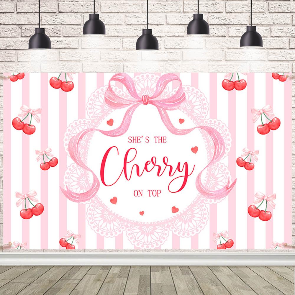 AIBIIN 7x5ft She's The Cherry on Top Baby Shower Backdrop Cherry Theme Coquette Bridal Shower Party Decorations for Women Baby Girl Bachelorette Photo