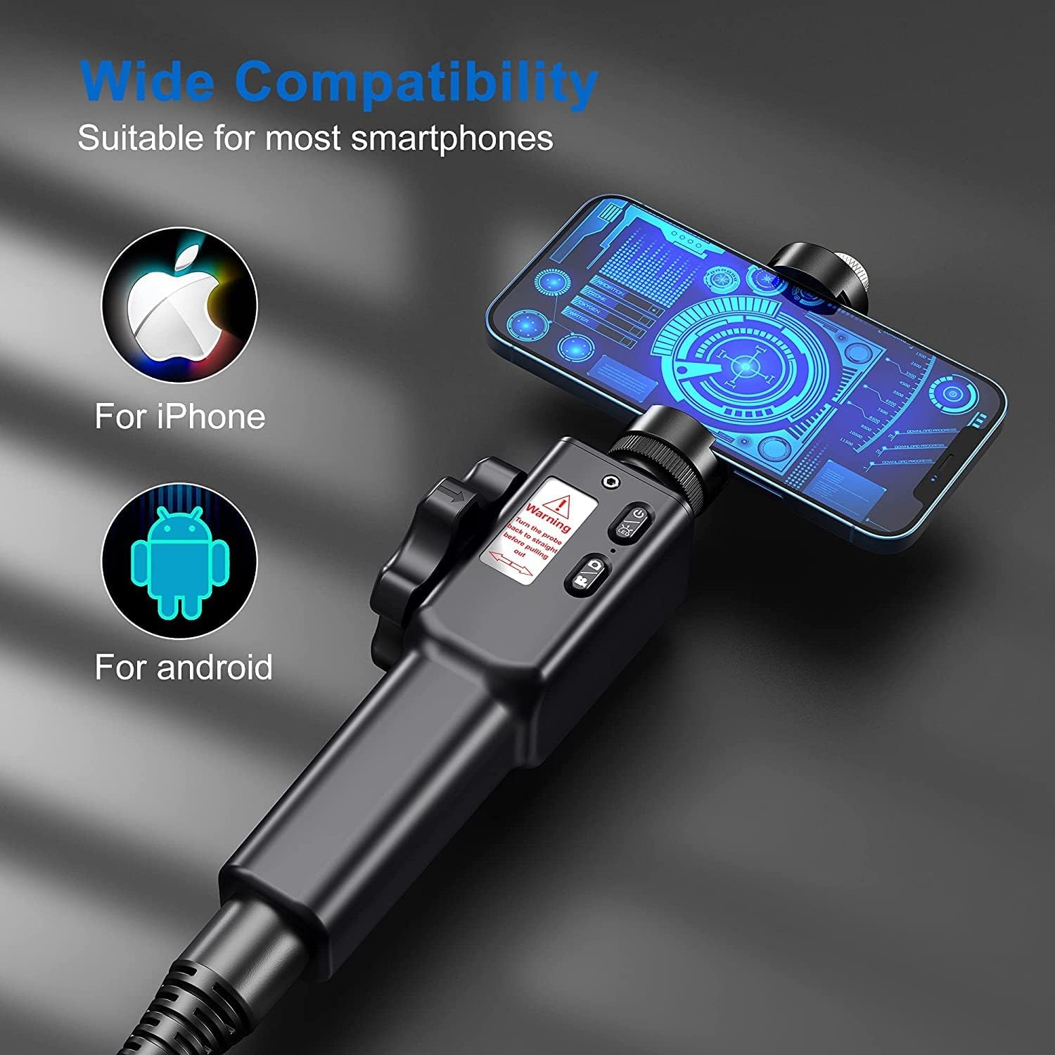 Ralcam Telecamera Endoscopica Endoscopio Industriale - Sonda Telecamera 1080P 8.5mm Boroscopio Snake a 180° a due vie, 2m Cavo Semirigido 8 luci LED Regolabili, per iOS Android Smartphone