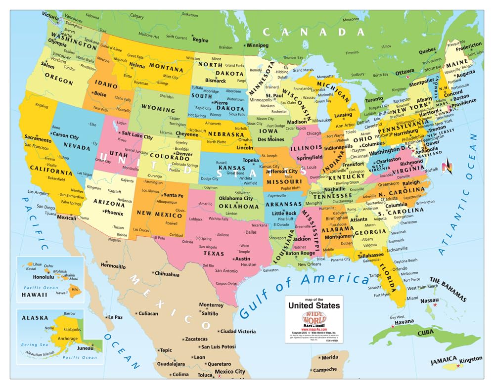 Colorful United States Wall Map showing Gulf of America (26" × 20")