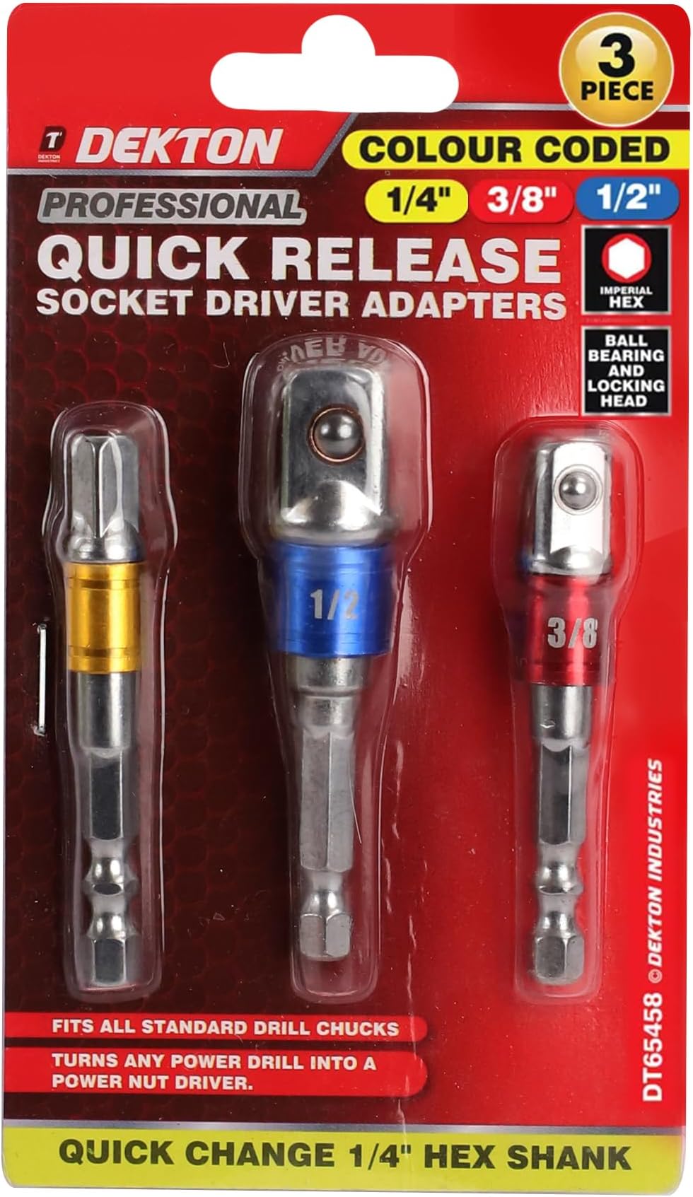 Dekton 3pc 1/4", 3/8" & 1/2" Socket Adaptor Set - Fits All Standard Drill Chucks|Hexagonal Shank| Fits Screwdriver Bit Holder| Turns Any Power Drill Into A Power Nut Driver| Durable