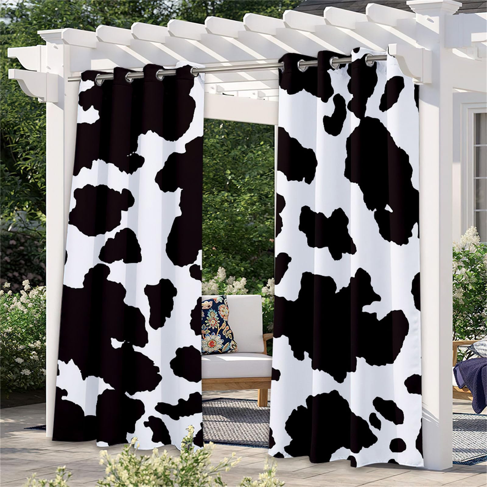 Hiseng Rideaux Extérieur Imperméable, Style Simple 2 Pièces Rideau Isolant Occultant Thermique avec Oeillet pour Jardin Pergola Cabane Tonnelle Terrasse (Motif Vache,137x304cm)