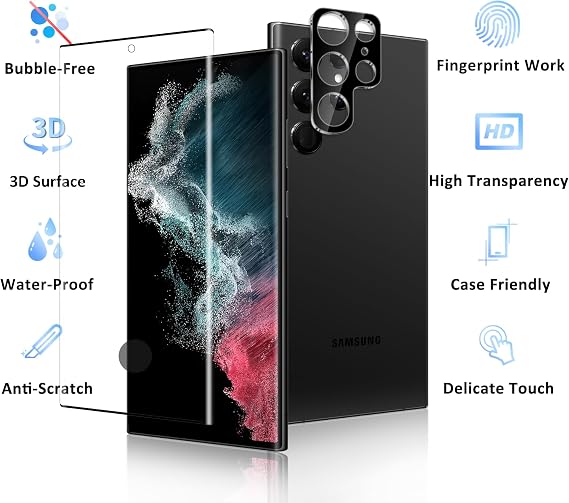 2+2 Pack for Samsung Galaxy S22 Ultra Screen Protector and Camera Lens Protector, 9H Tempered Glass, [3D Curved Full Coverage], Fingerprint Sensor Compatible, Case Friendly