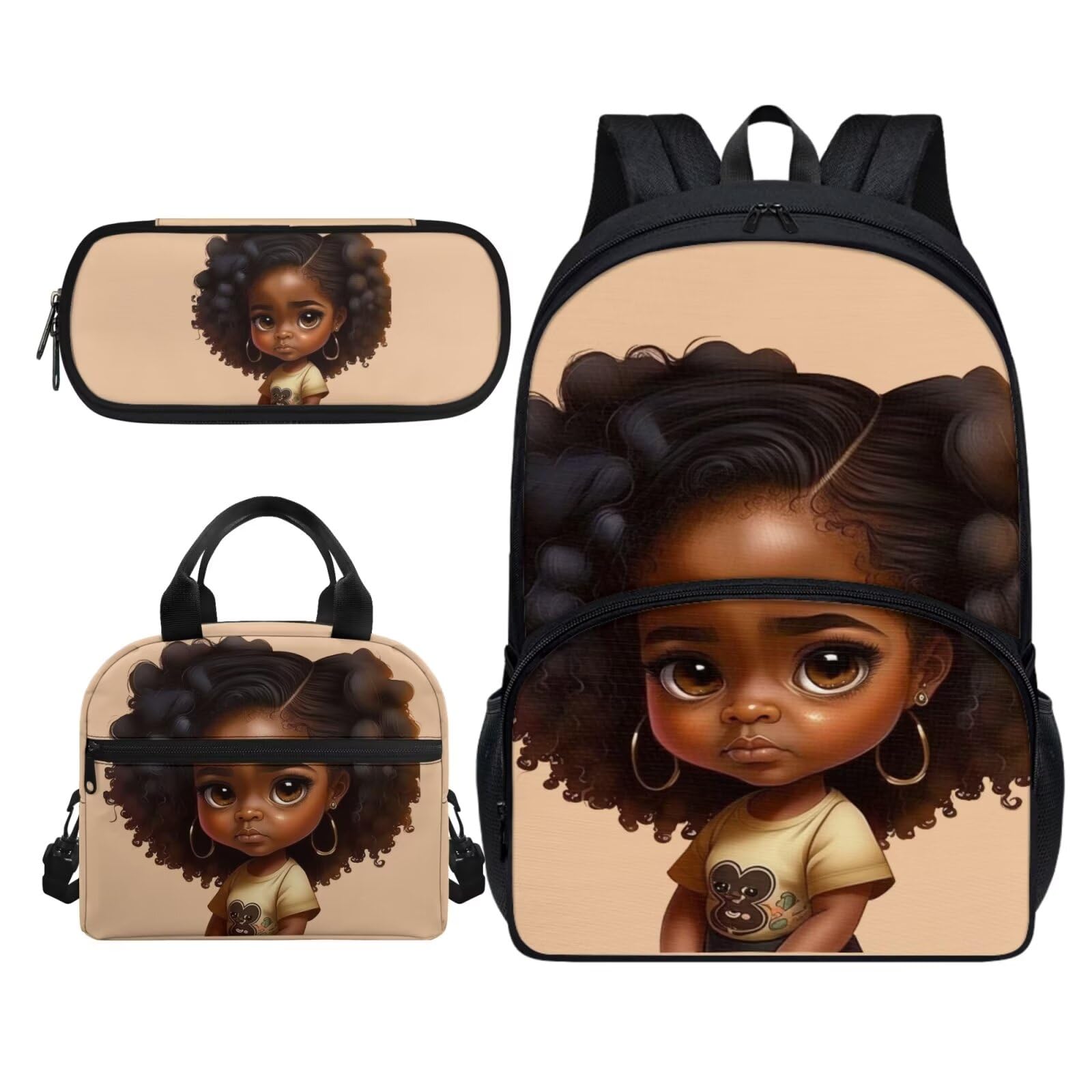 YECARYPOD African American Black Girl Toddler Backpack for Girls 6-8 Magic Girl Backpack Set with Lunch Box Pencil Case Large Capycity Schoolbag Book