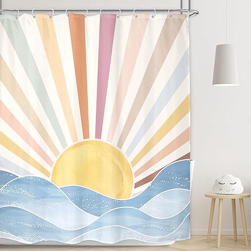 Miniatura 8 de LGhtyro Juego de cortina de ducha con diseño de arco iris, estilo bohemio, 71 pulgadas de ancho x 71 pulgadas de alto, estilo retro de los años 70,