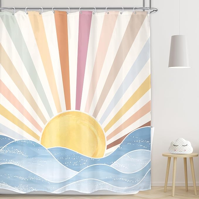 LGhtyro Boho Rainbow Sun Shower Curtain Bathroom Set 60Wx71H Inches Retro 70s Abstract Colorful Sunshine Sunrise Sunset Ocean Sea Waves Bath Accessories Aesthetic Art Home Decor Fabric 12 Pack Hooks