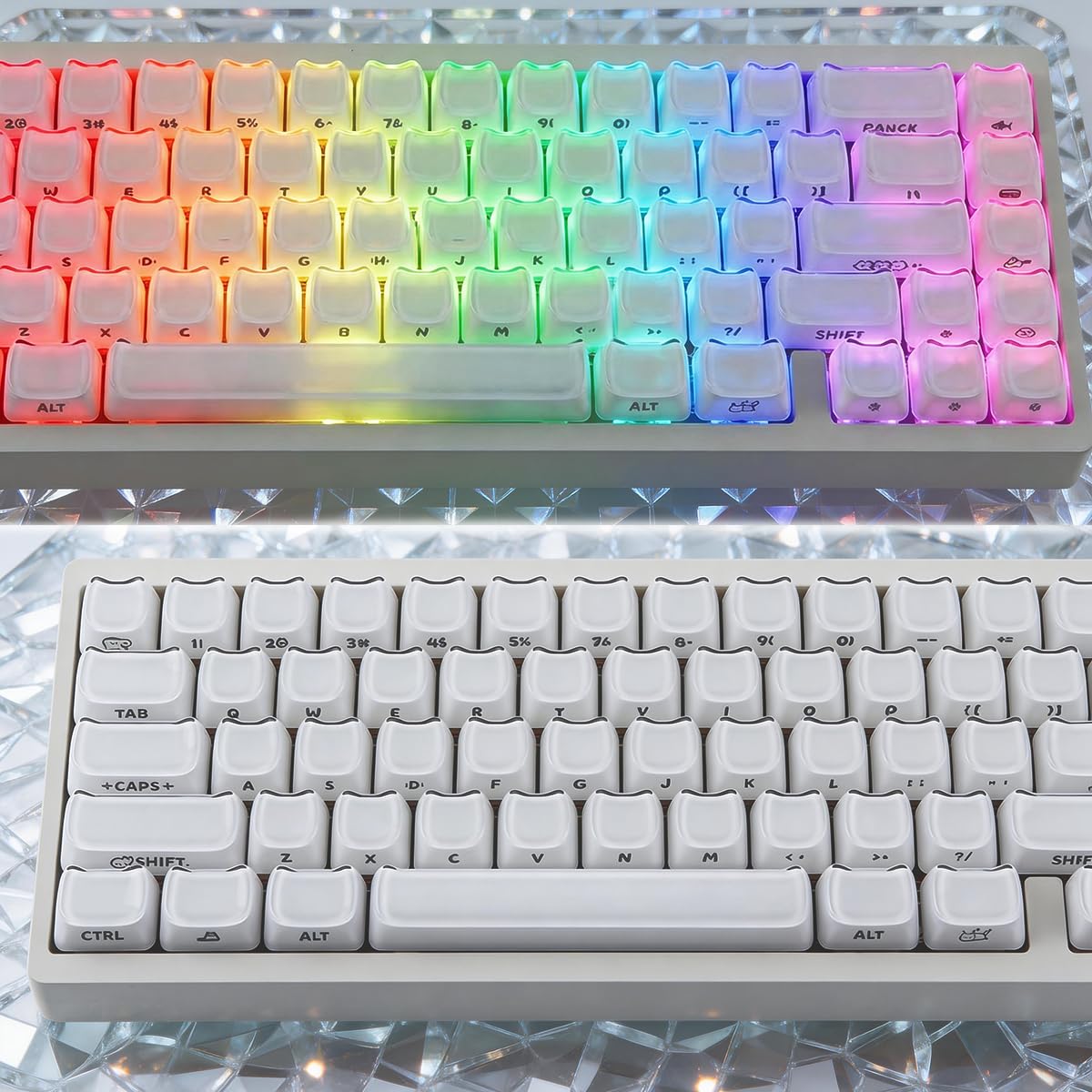 Hyekic Crystal Jelly Cat Shape Keycaps, 119 touches translucides blanches mignonnes imprimées sur le côté Mao Profile Custom Keycap pour 61/68/84/87/98/100 Cherry Gateron MX Swithes Clavier mécanique