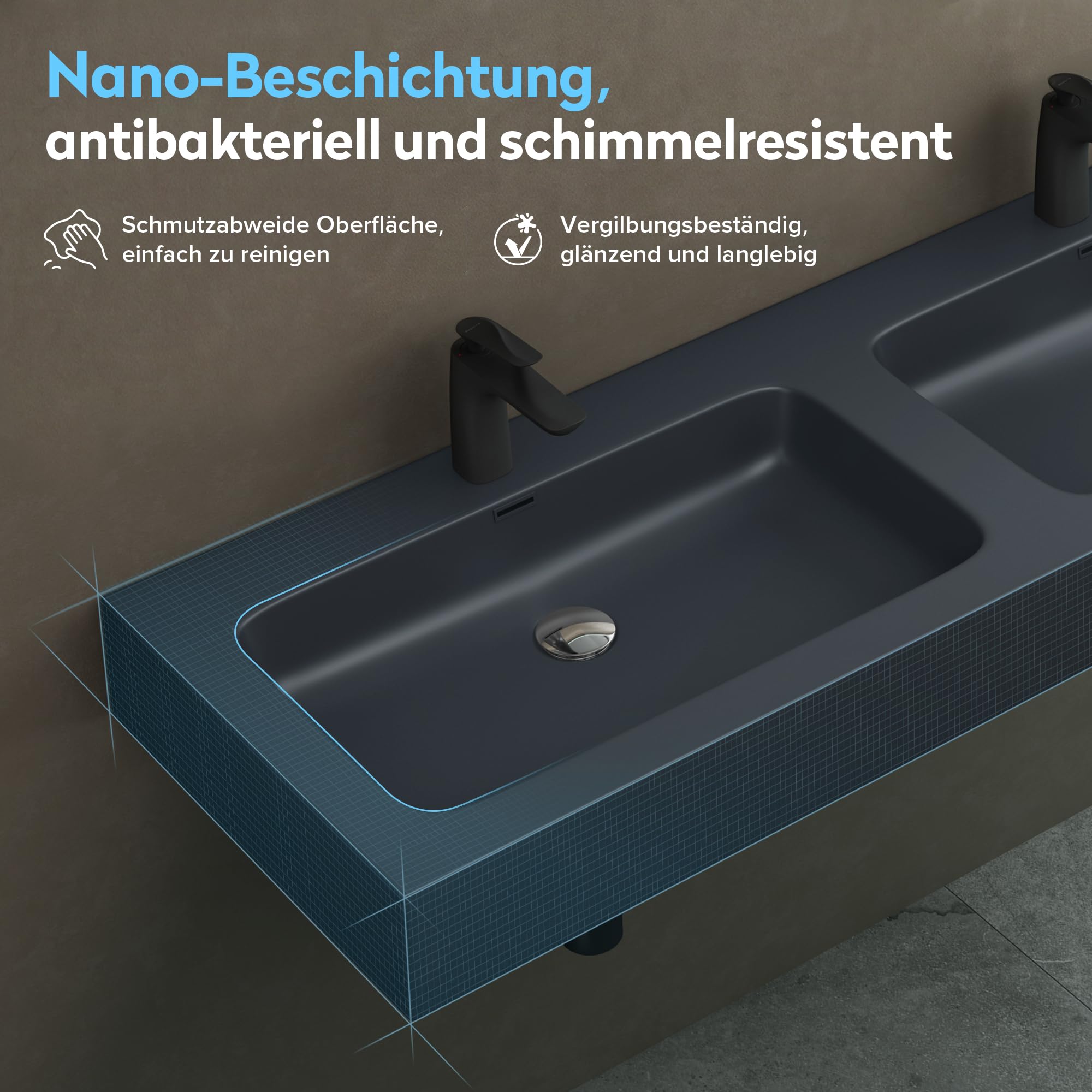 doporro Doppelwaschbecken Waschbecken BTH: 140x48x13 cm Partner-Waschbecken aus Gussmarmor Anthrazit (Matt) Colossum830