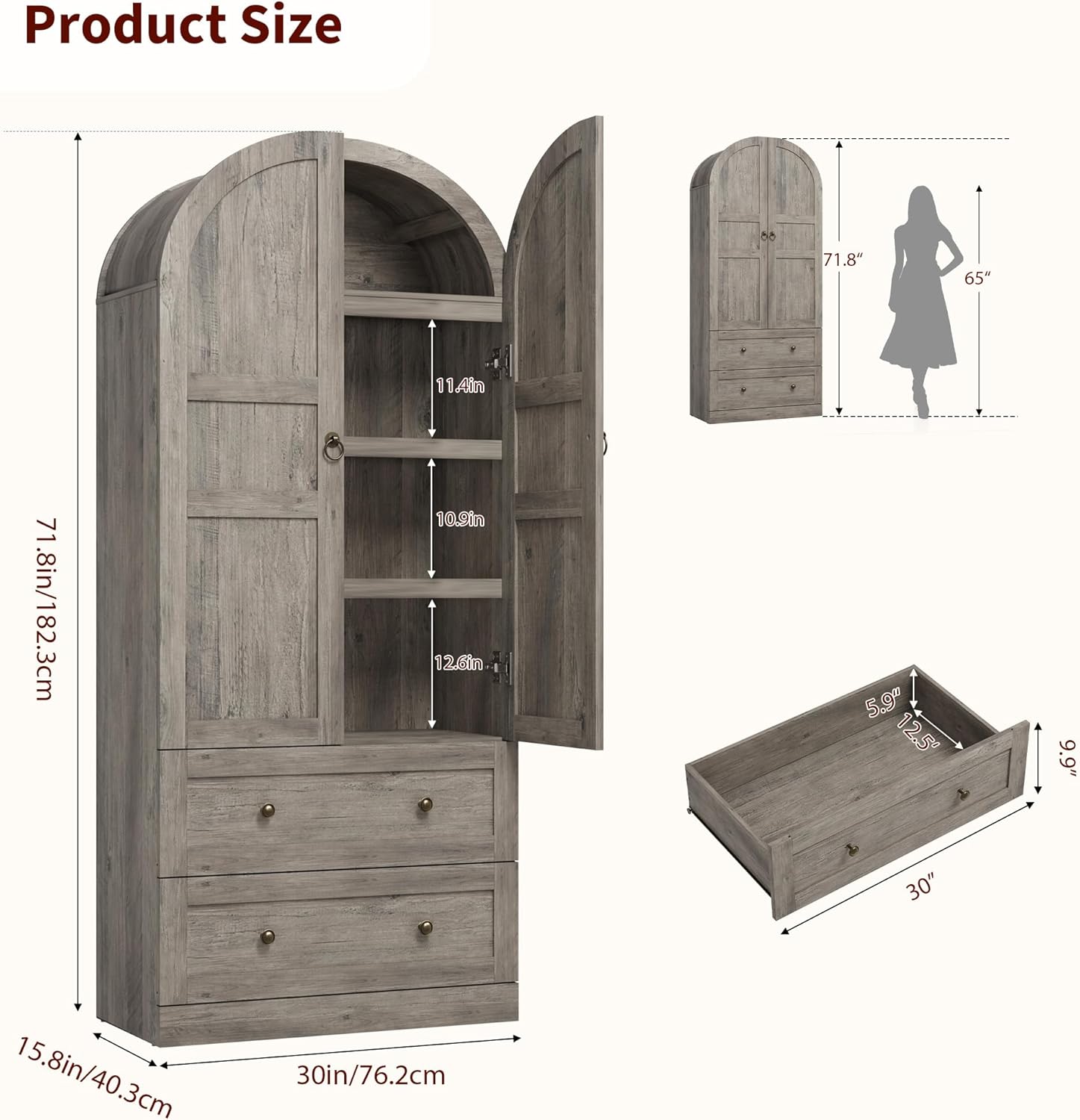 Garvee 72" Tall Dome Bookcase with Drawers, 4-Tier Wooden Bookshelf Storage Cabinet with Door, Farmhouse Arched Cabinet with Storage, Wood Arch Bookcase for Home Office, Living Room, Gray