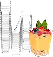 Vista 1 de Paquete de 100 vasos cuadrados transparentes de 5 onzas con cucharas de plástico, ideales para postres, aperitivos, pudines, mousse, parfait