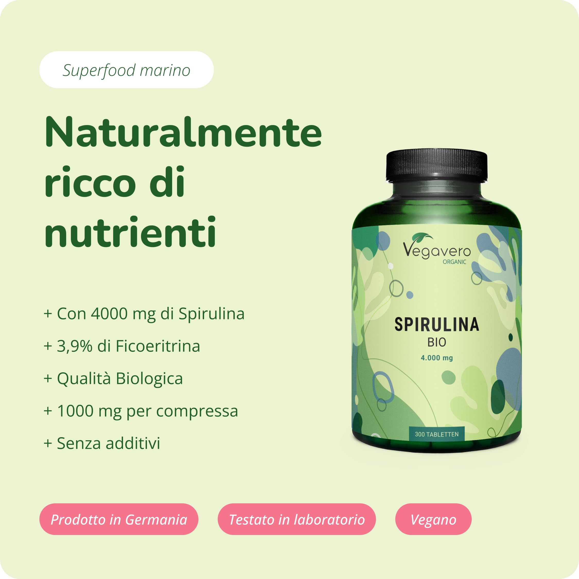 Spirulina Bio | 4.000 al giorno – 1.000 mg per compressa | 3,9% di Ficocianina | 100% Pura e Biologica | Alga Spirulin Platensis | Certificata in Laboratorio Tedesco | Vegavero®