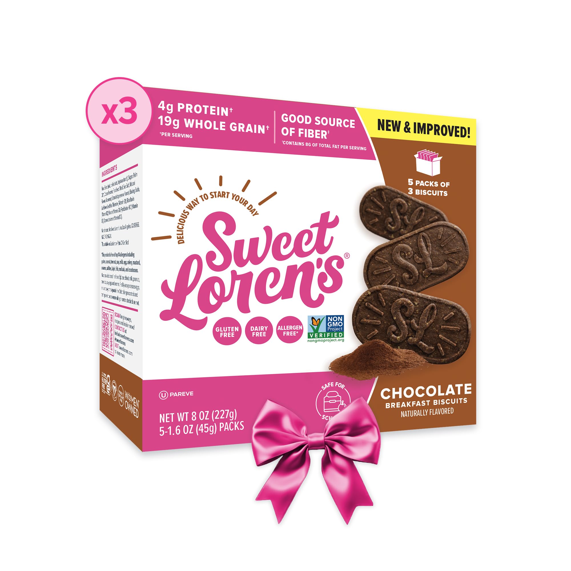 Sweet Loren's Vegan Breakfast Biscuits | Chocolate | 4g Protein, 19g Whole Grains | Plant Based, Gluten Free, Dairy Free, Nut Free Snacks | 3 Pack (15 Total Biscuits, 1.6 ounce each)