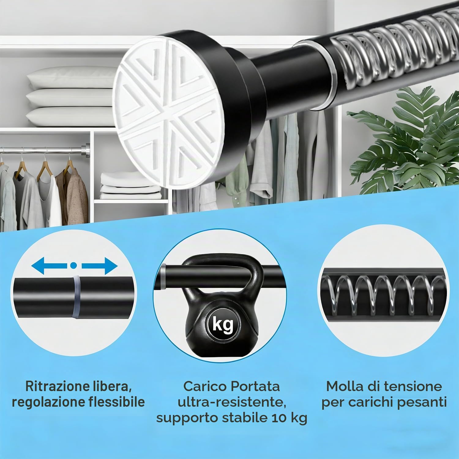 Bastone Tenda Doccia Bastone Per Tenda a Pressione Senza Foratura Estensibile Asta Tenda a Pressione per Doccia, Diametro 25mm, 85-160cm, Bianco(1 Pezzo)
