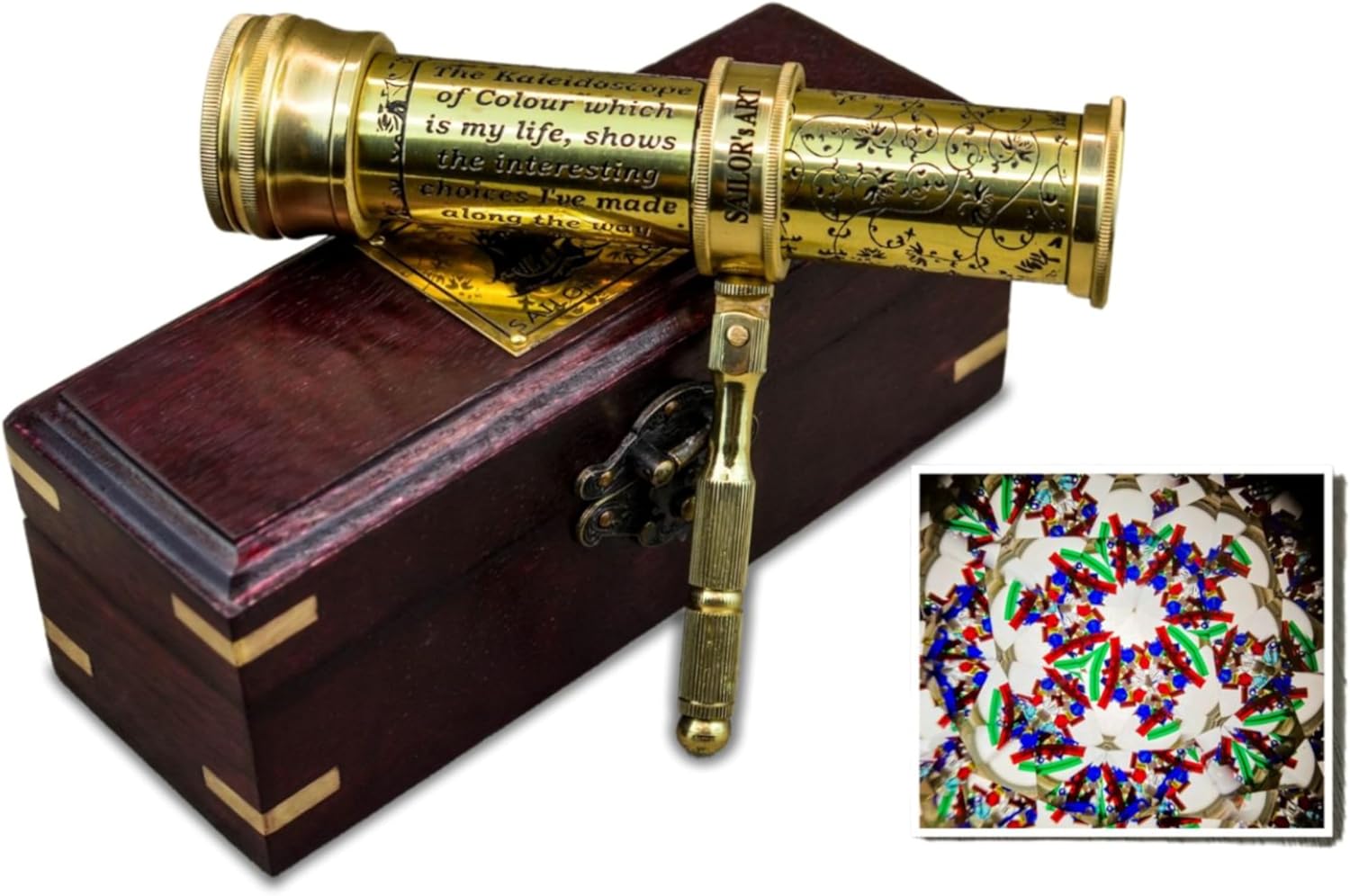 Sailor's Art Polished Brass Kaleidoscope with Handheld Stick & Wooden Box, Educational Vintage Collection, Antique Birthday Gift, Solid Brass 5.5 Inch for Adults & Friends