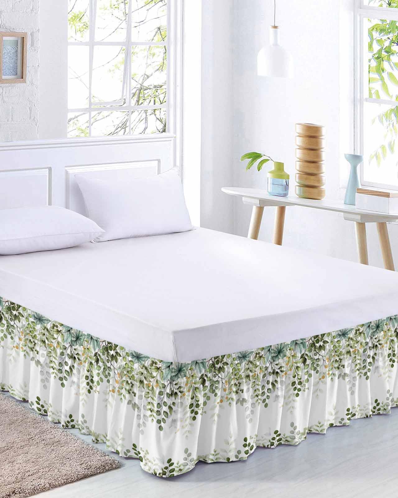 Eucalyptus Leaves Sage Green Bed Skirt Queen Size 16 Inch Drop, Adjustable Elastic Wrap Around Bed Skirts Easy Fitting Dust Ruffle Bedskirt Wrinkle