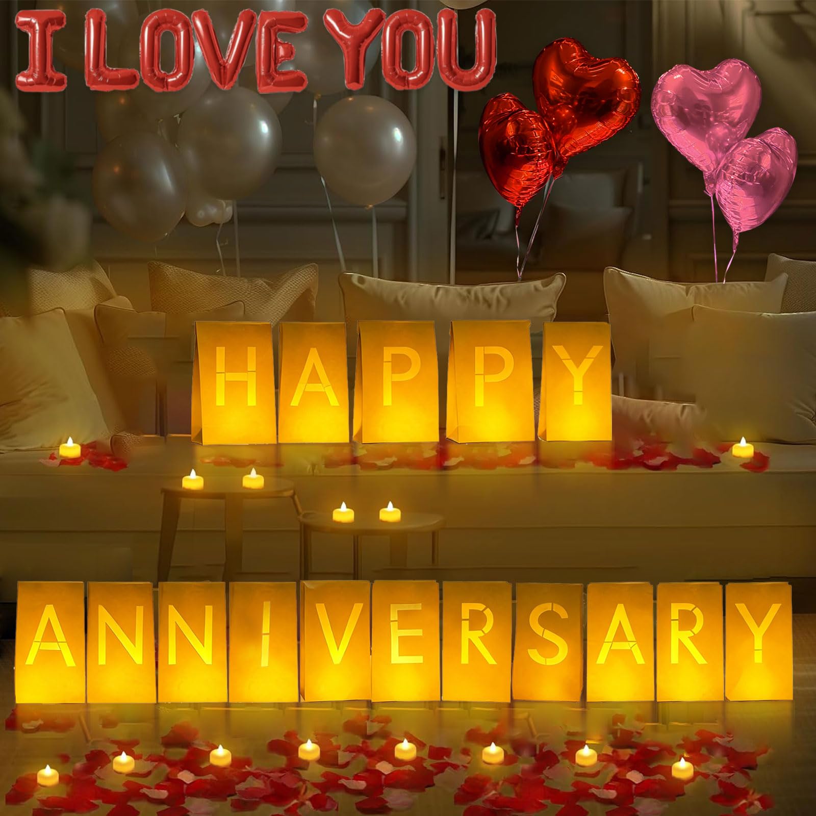 Happy Anniversary podświetlane litery znak 16 szt. oprawy papierowe torby 2000 szt. czerwone różowe płatki róży 48 szt. bezpłomieniowa świeca LED tealight 10 szt. balonów w kształcie serca romantyczna