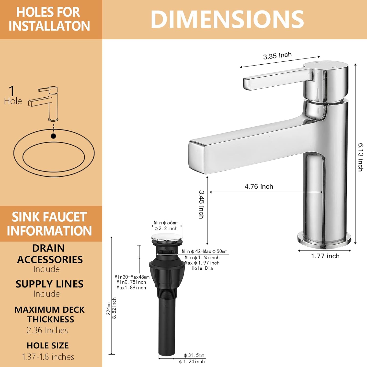 Chrome Bathroom Sink Faucet Single Hole with Pop Up Drain Parts Single Handle Modern Deck Mounted Bath Lavatory Vanity Mixer Tap Commercial Polished