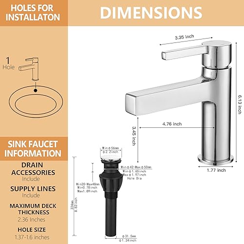 Miniatura 6 de Grifo de lavabo de baño cromado con un solo orificio con piezas de drenaje emergente, mango único, moderno, montado en la cubierta, mezclador de