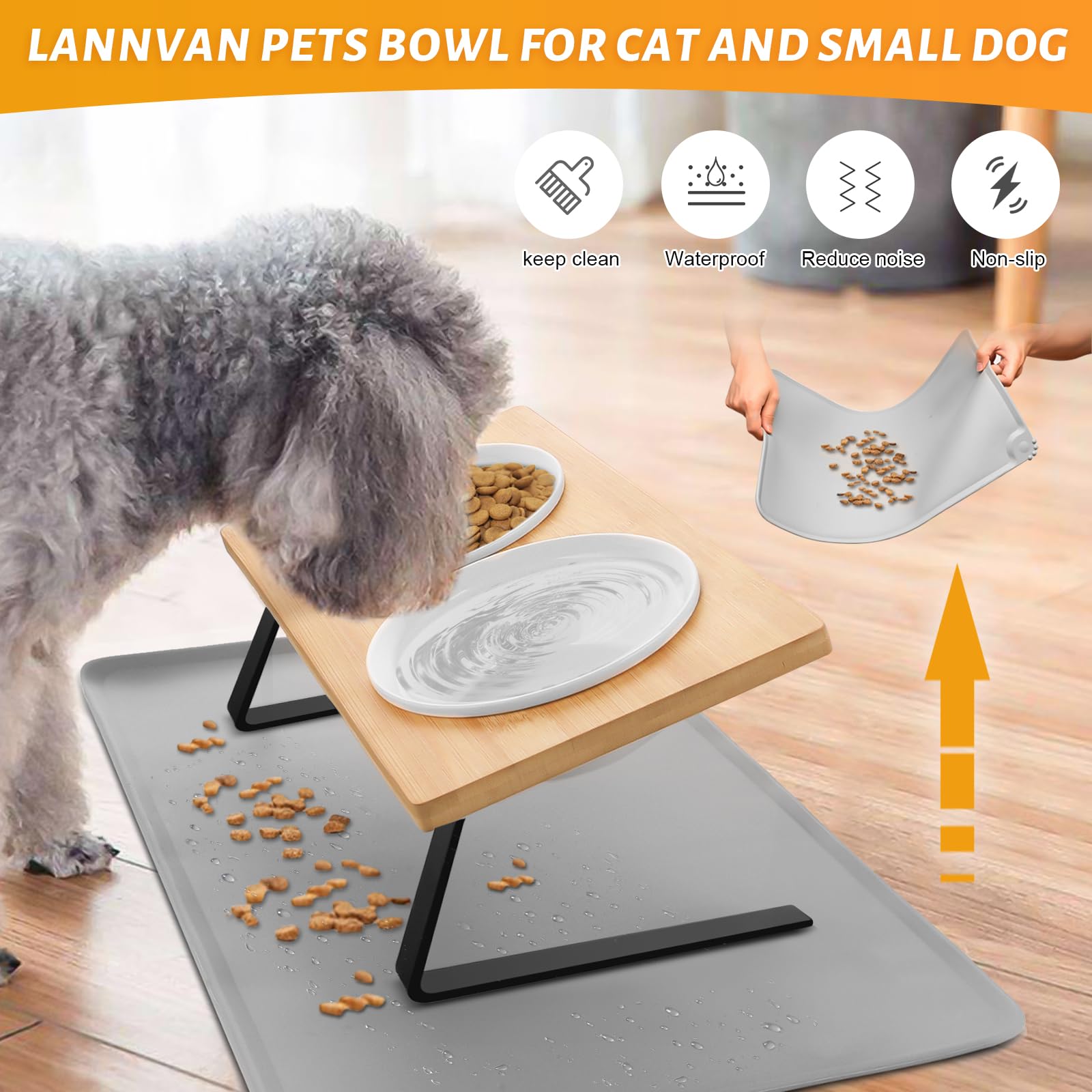 Lannvan Gamelle Chat Surélevée - Bol Ergonomique en Céramique avec Tapis Lavable pour Chat et Chien - 350ml par Bol