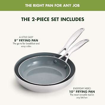 GreenPan Valencia Pro Tri-Ply Stainless Steel 8 & 10 Frying Pan Skillet Set, PFAS-Free Ceramic Nonstick Coating, Induction Ready Cookware, All Cooktops, Eggs & Omelets, Dishwasher & Oven Safe 600F