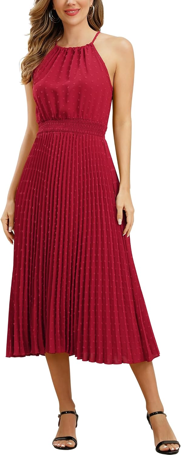 ABEWIP Women's Sun Dresses Summer Casual Midi Dress Sleeveless Halter Swiss Dot Pleated Beach Wedding Guest