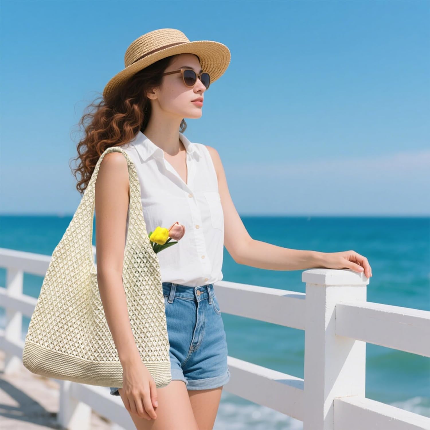 Crochet Tote Bag for Women, Cute Crochet Mesh Beach Bag Summer Beach Tote Bag Summer Vacation Aesthetic Boho Knit Bag for Women (Beige) - Image 2