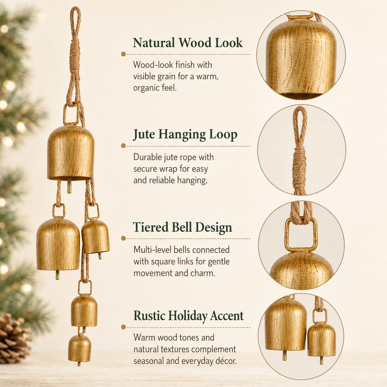 Christmas Bells with Rope Hanger, Vintage Gold Metal Chime for Tree Decor