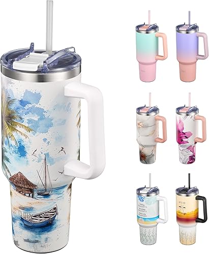 Miniatura 10 de THILY Vaso aislado de 40 onzas con asa, taza de viaje para café de acero inoxidable con tapa y pajitas, mantiene las bebidas frías durante 34 horas