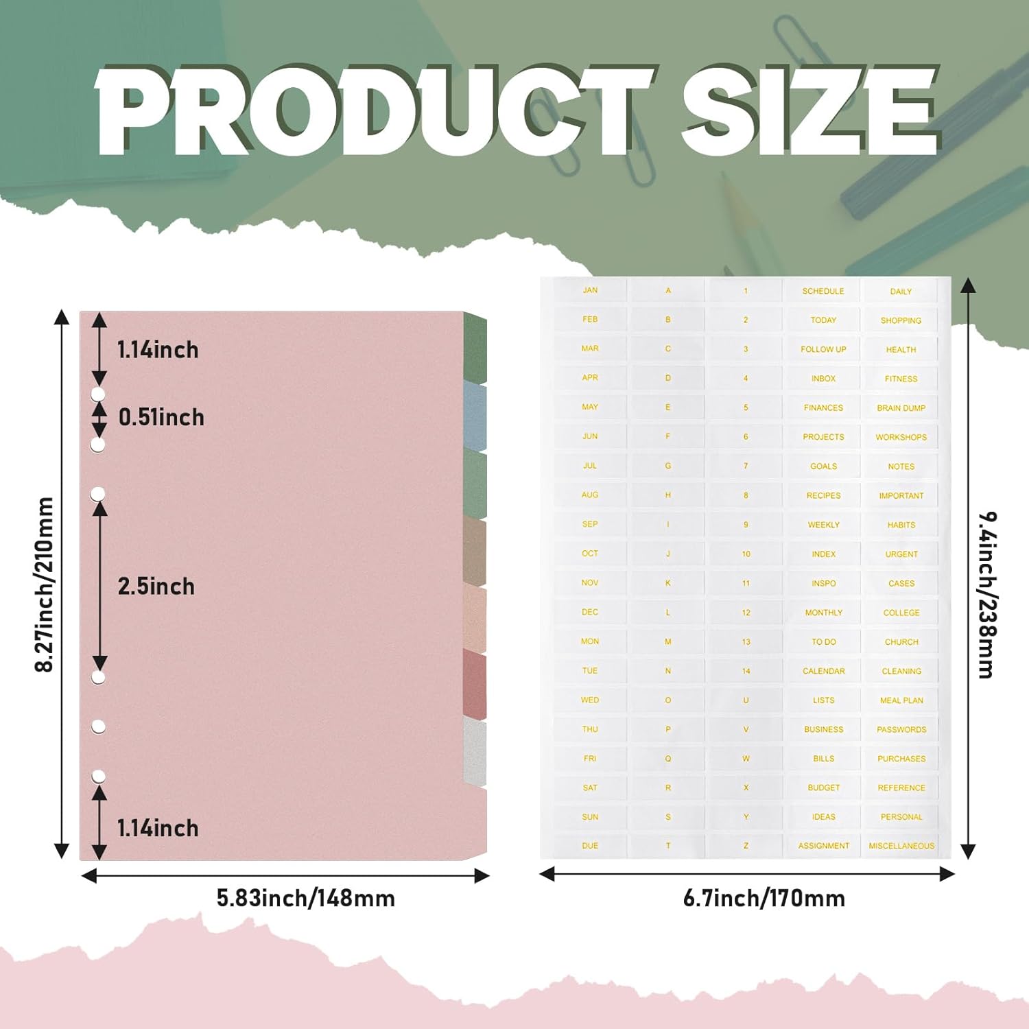 Outus 96 Pcs A5 6 Hole Binder Dividers with 8 Tabs 8.27 x 5.51 Inch Mini Binder Dividers with 5 Pcs Month Stickers for Notebook Travel Diary Journal Planner