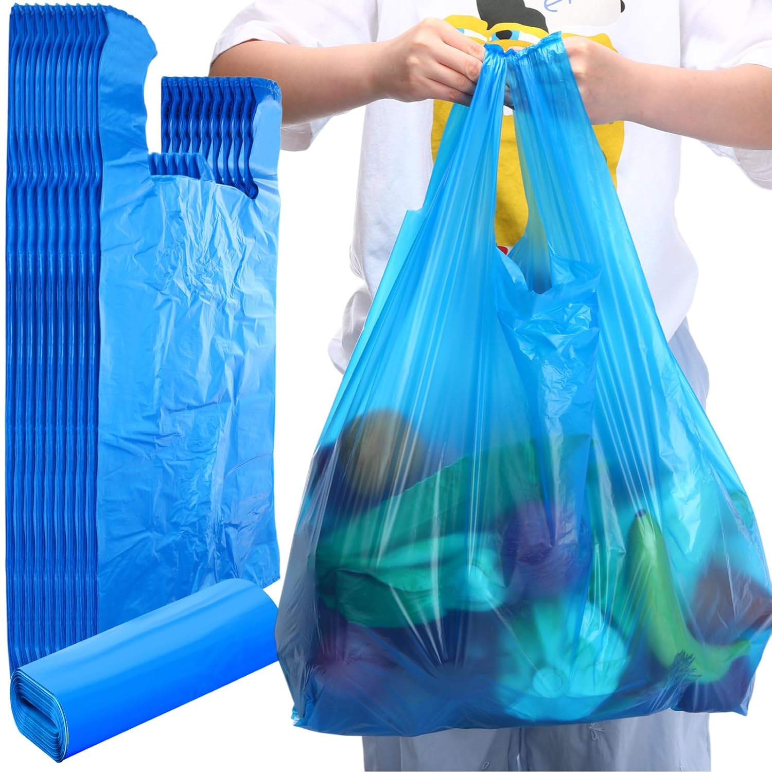 Dunzoom 180 Pcs Large Plastic Shopping Bags with Handles Bulk, Jumbo T-shirt Bags 17"x8"x29" 18 Mic Thick for Grocery Retail Store, Supermarket, Restaurant, Take out, Business (Blue)