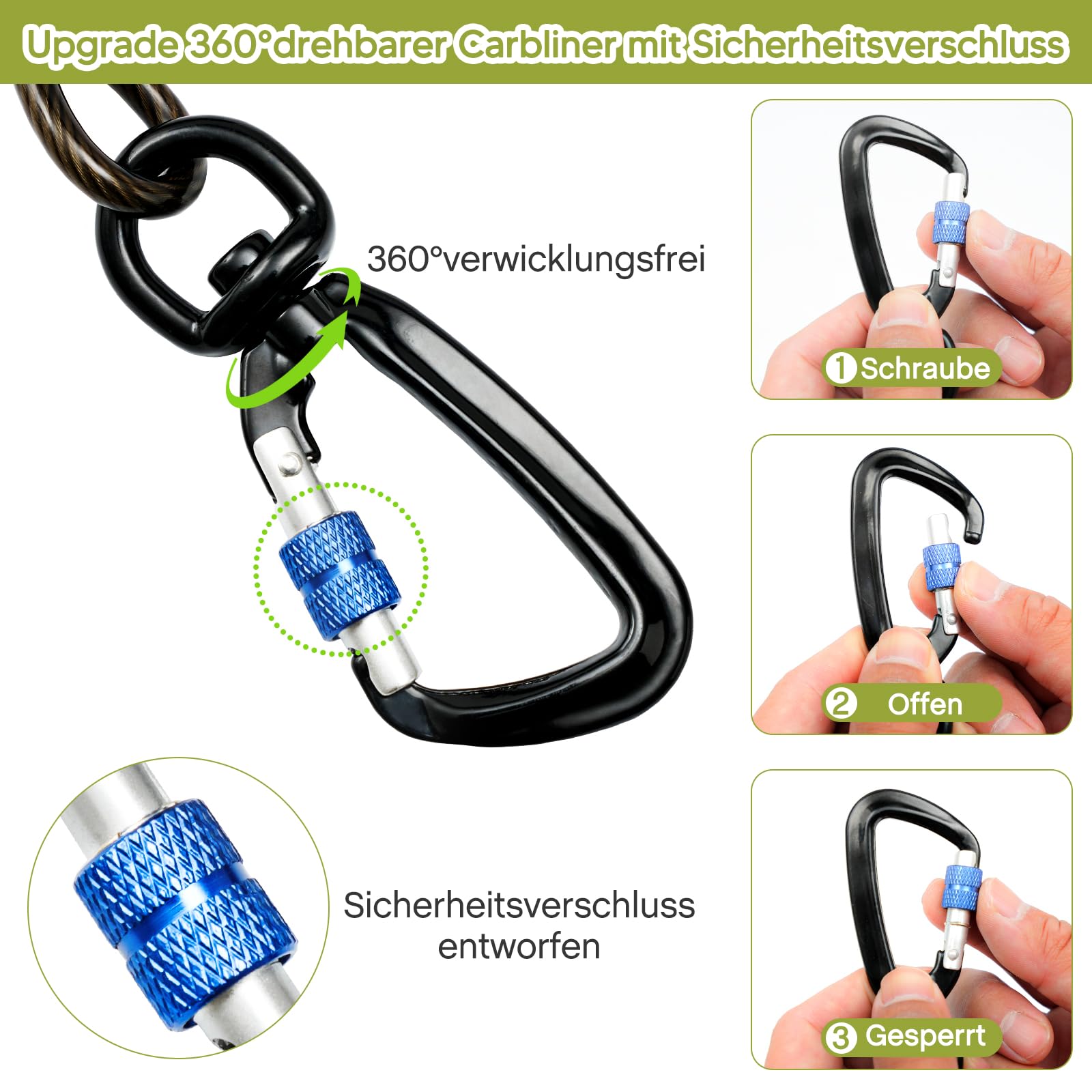 Cable de amarre para perros, corredor de perros para patio y campamento, cadenas de perros para exteriores, cable de corral para perros con mosquetón de aluminio de aviación (negro-gris, 10)