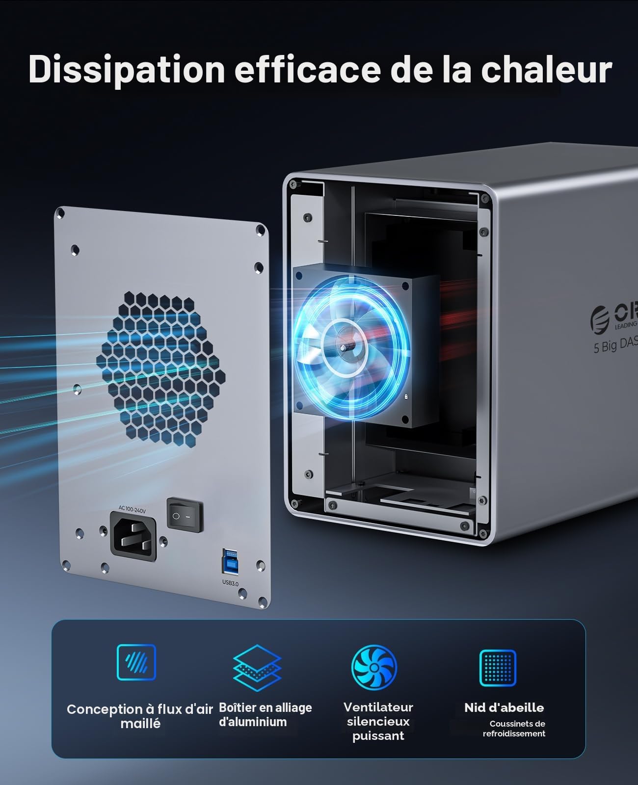 ORICO Boîtier en Aluminium pour 5 Disques Durs, USB 3.0 Station d'accueil pour Disque Dur 3,5 Pouces SATA HDD, Compatible avec MacOS et Windows (9858U3)