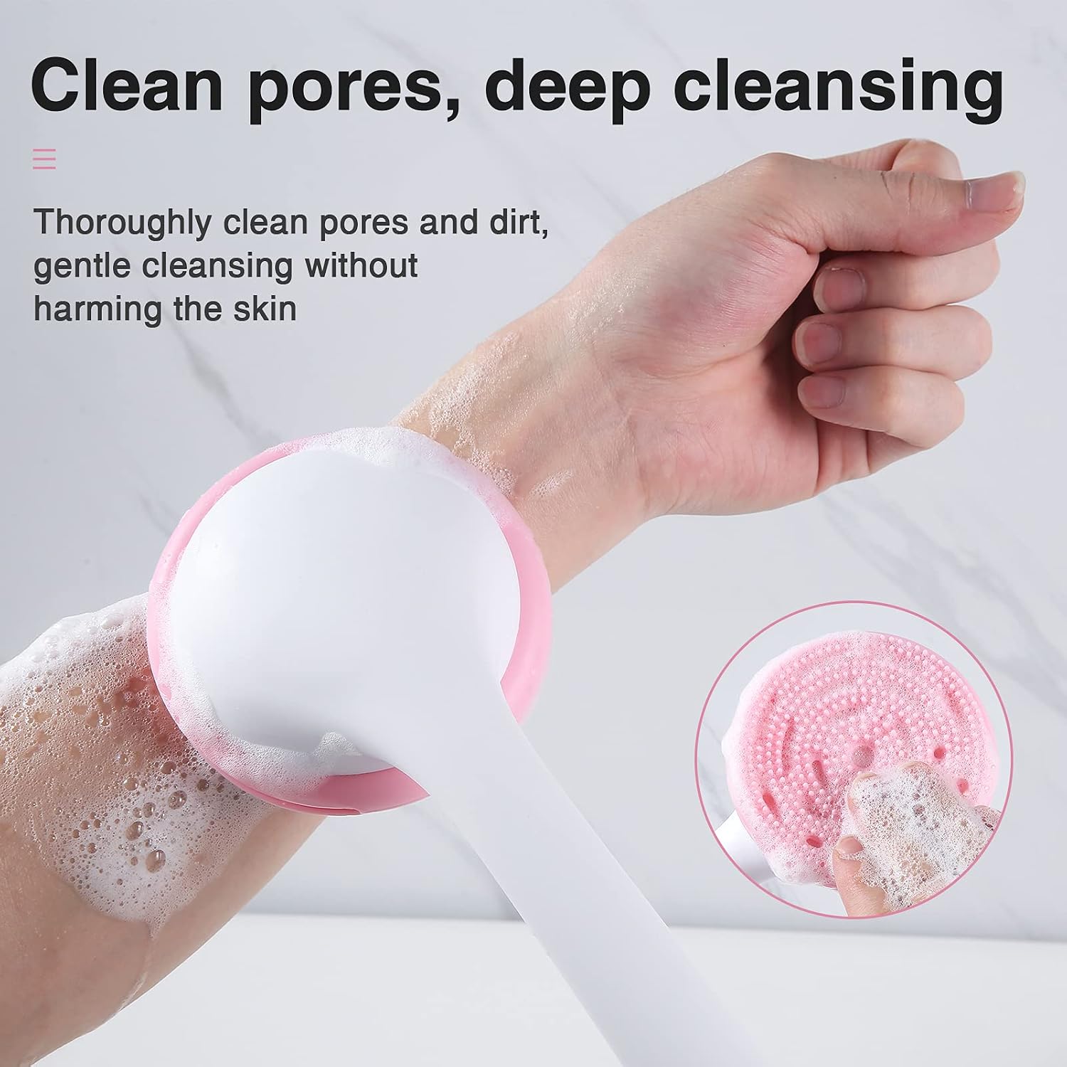 Back Scrubber For Shower, Back Shower Brush, Body Scrubber, Back Brush Long Handle For Shower, 2 Sponges, BPA-Free, Silicone Bristles, Rich Foam, Deep Cleaning(Light Pink)