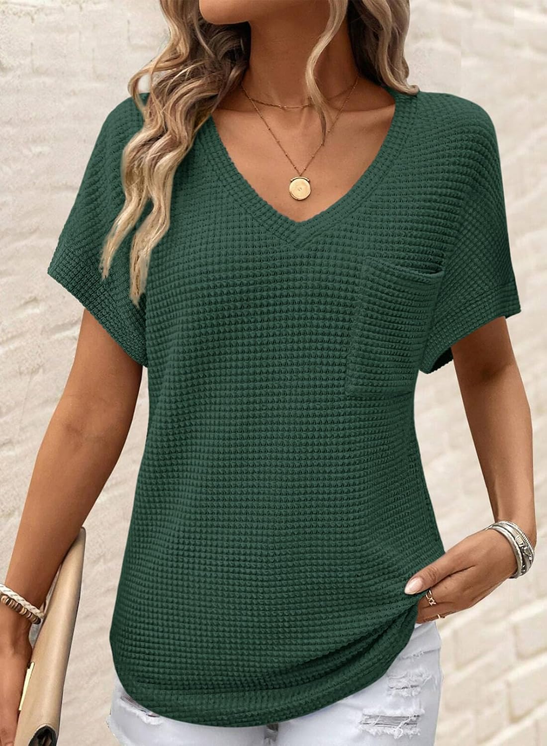 Dokotoo Womens Waffle Knit Tops 2026 Spring Summer V Neck Shirts Casual Trendy Women's Blouses Basic Tee - Image 2
