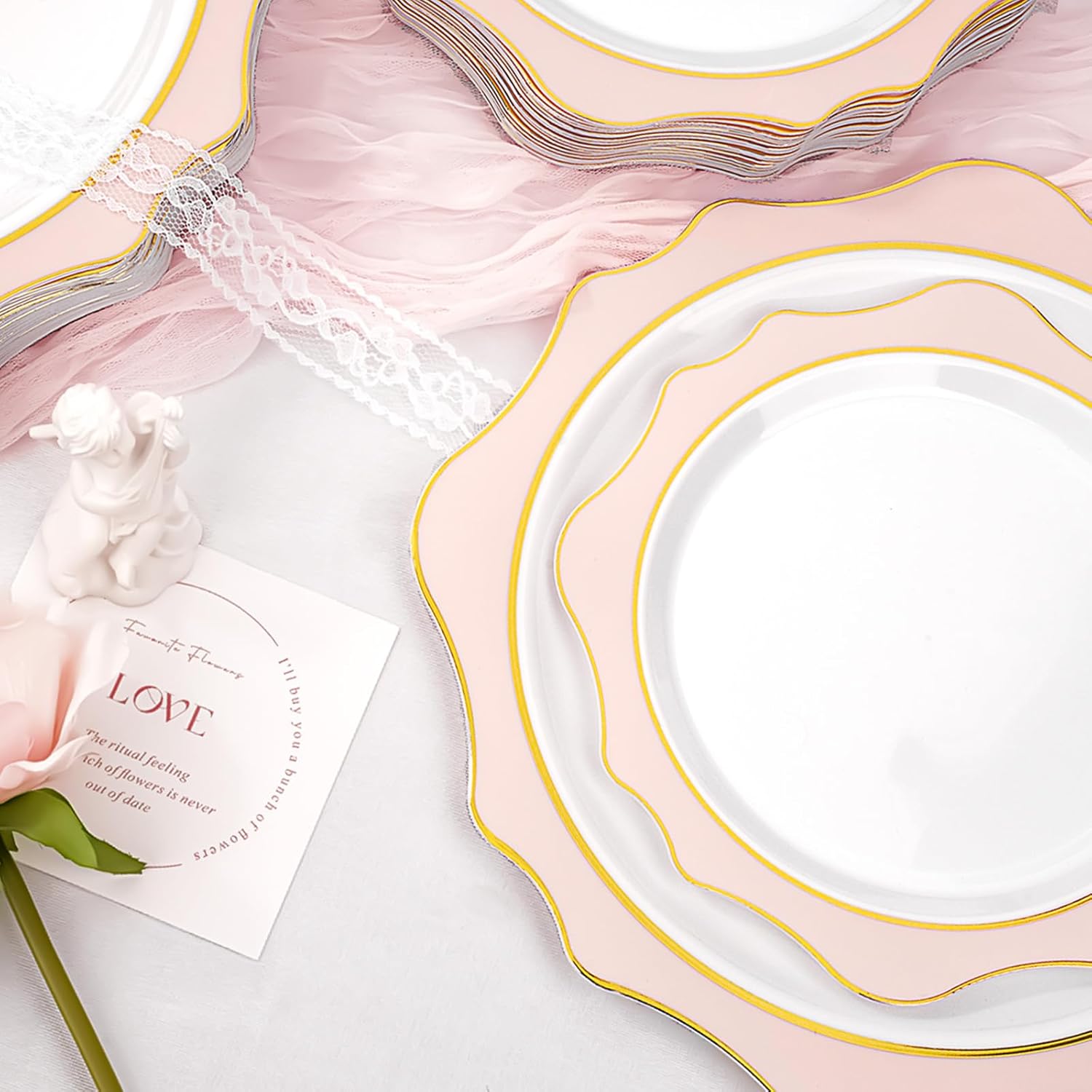 100 PCS White and Pink Disposable Plates for 50 Guests, Scalloped Plastic Plates Include 50 Dinner Plates and 50 Dessert Plates for Party, Wedding and Graduation - Image 3