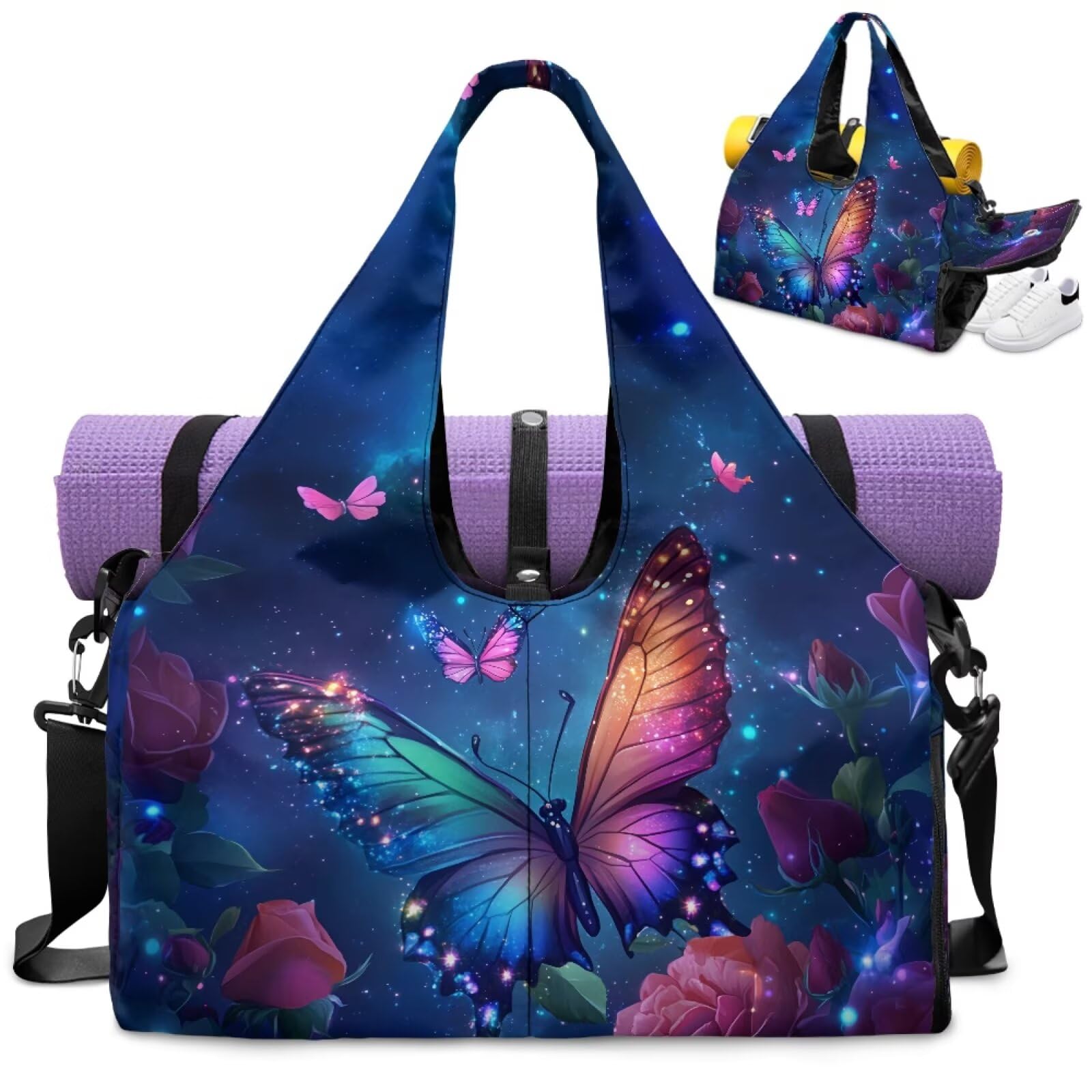 Dngkaoje Womens Yoga Gym Bag with Starry Night Butterfly Print Gym Bag for Women with Yoga Mat Holder Sport Bags with Shoe Compartments Fits all Your Stuff Pilates Tote Bag for Cheer Team Fitness Work