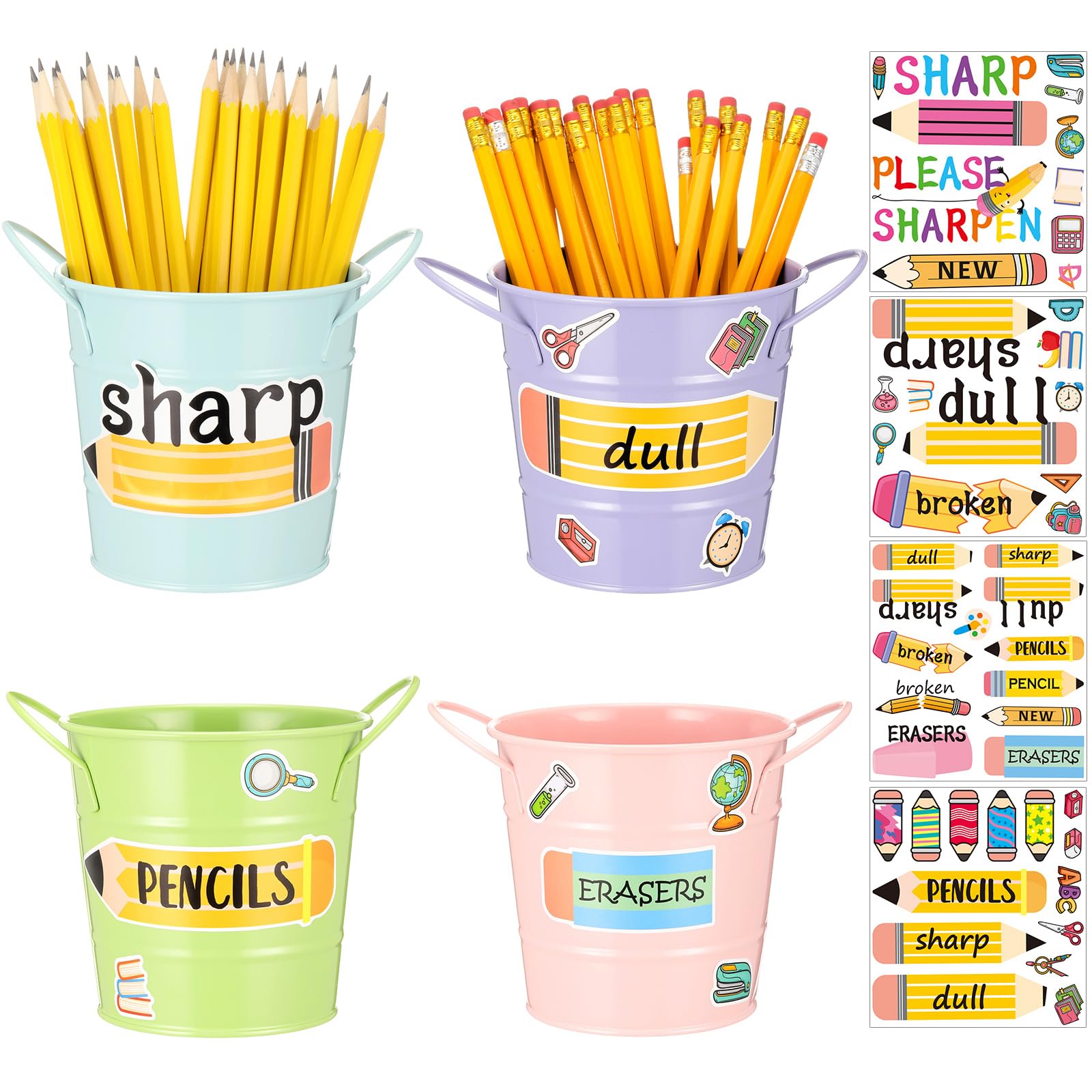 Maxcheck 4 cubos de metal afilados y opacos para aula, coloridos cubos de metal con 4 cubos de metal con mango para suministros de organización de gestión de profesores (pastel)
