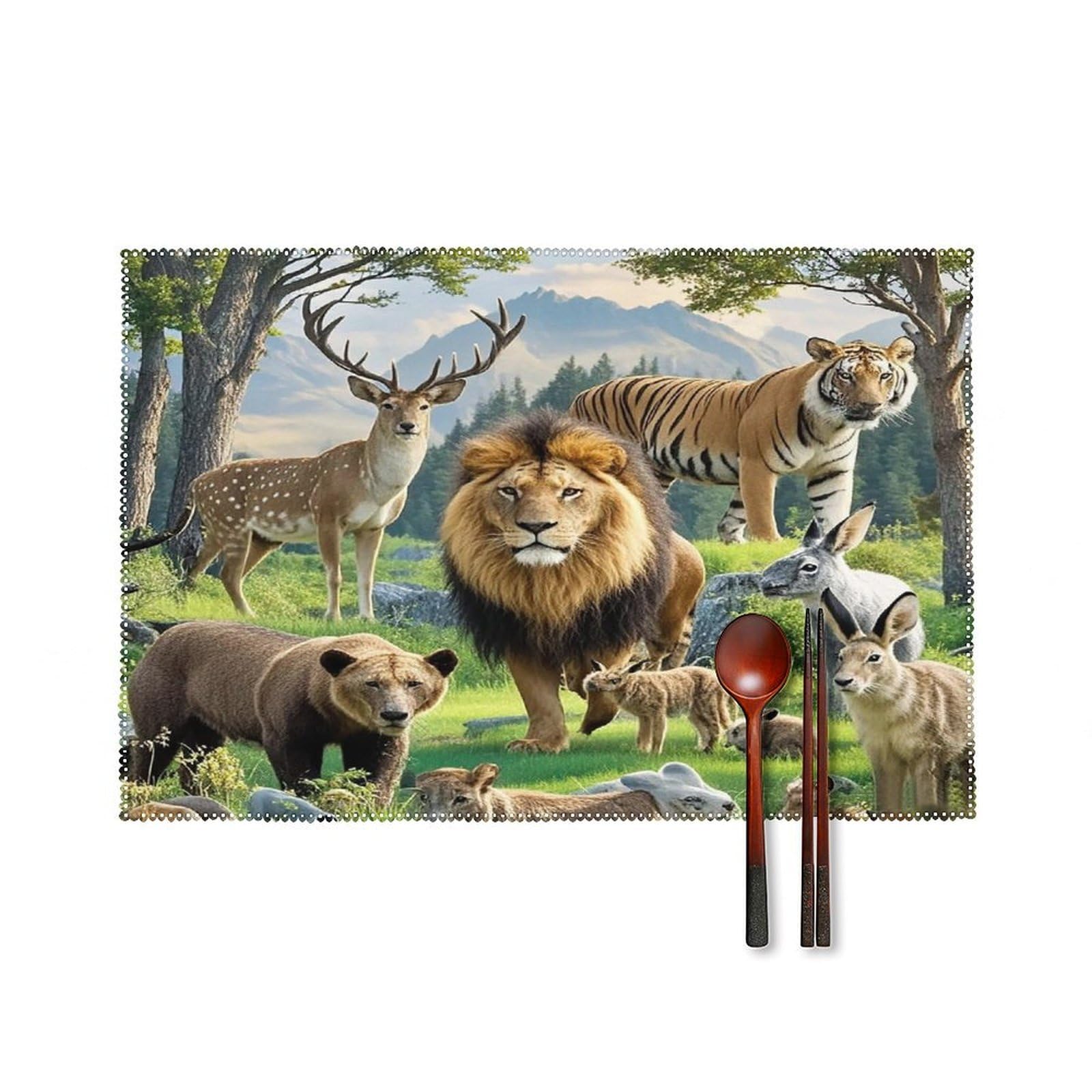 Wild Animals Placemats Set of 6 Heat-Resistant Washable Place Mats Wipeable Kitchen Placemat Easy to Clean for Indoor Outdoor Party Kitchen Decoration